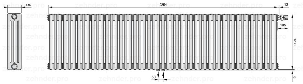Схема (чертеж) Радиатор Zehnder Charleston 4120/49 №V008 Белый глянцевый RAL 9016